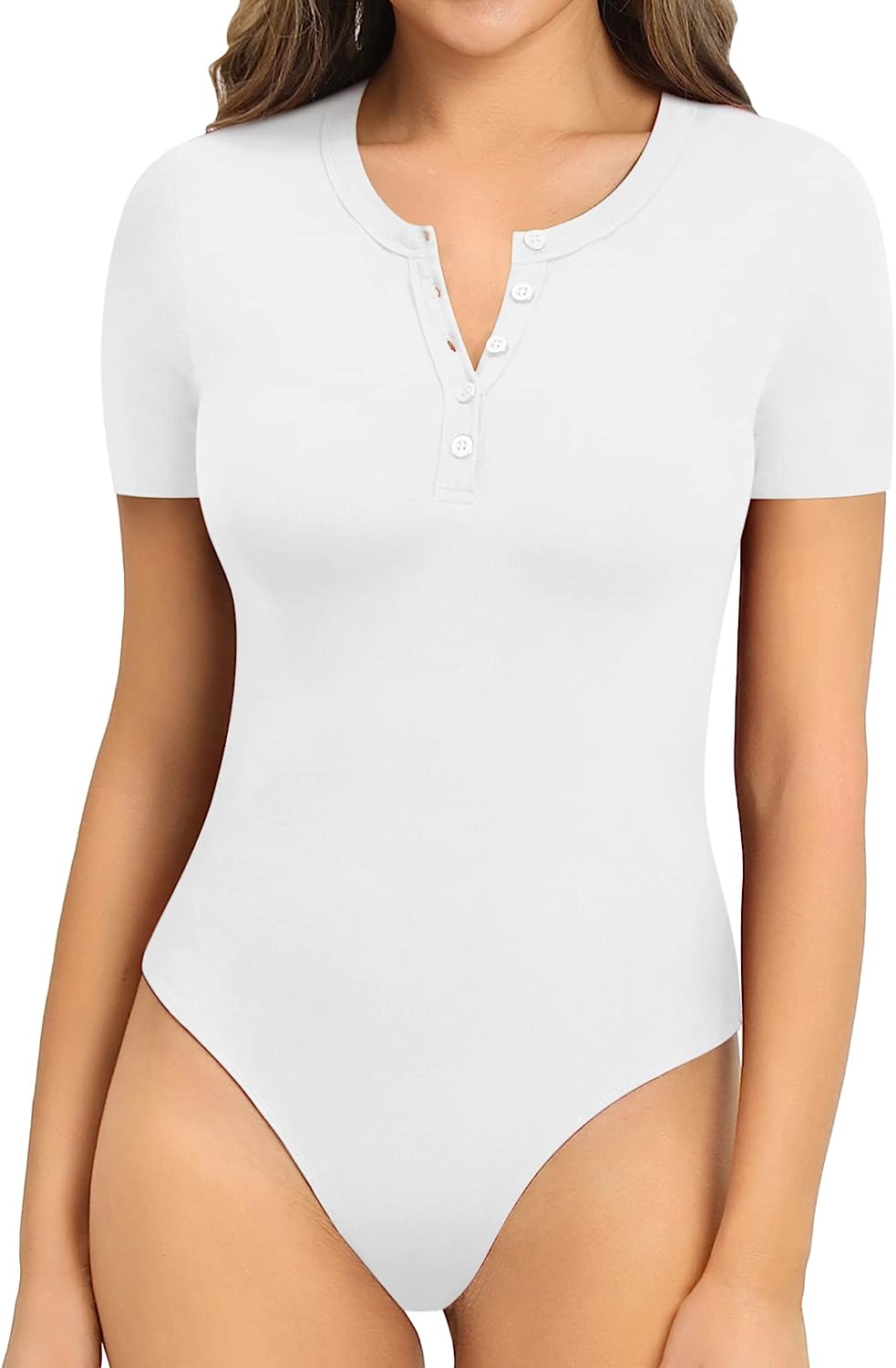 MANGOPOP Women's Round Neck Button Down Short Sleeve Long Sleeve Bodysuit Slim Fit Tops - Image 1
